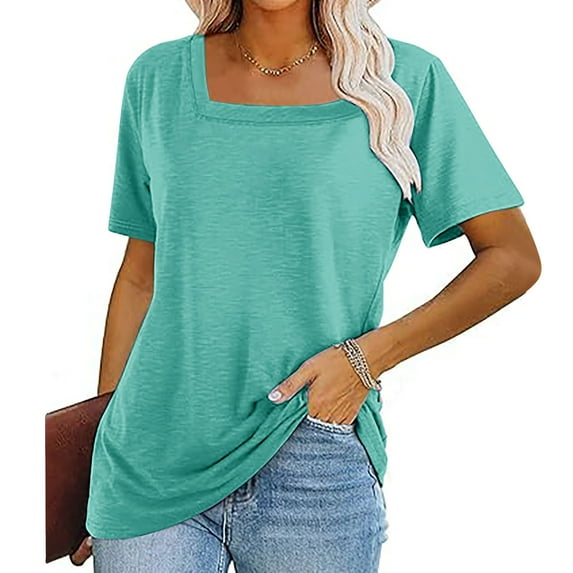 Ashirexll Summer Tops for Women 2024 Square Neck Short Sleeve Tunic Tops Solid Color Loose Casual T-Shirts Cute Dressy Basic Tops Blouses Mint Green A S