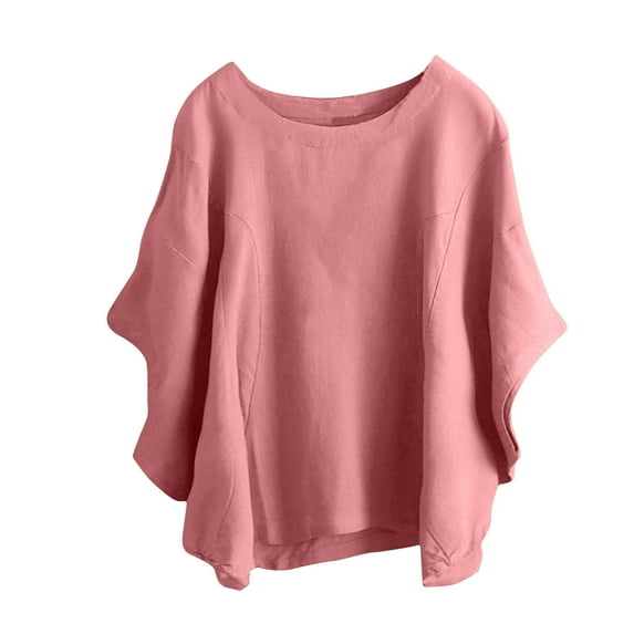 Ashirexll Summer Tops, Womens Shirts Casual, Fashion Short Sleeve Round Neck Shirt Casual Pullover Pocket Pink M