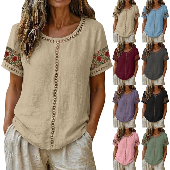Ashirexll Summer Tops for Women Casual Linen Blouse Short Sleeve Floral Embroidery Lace Detail Summer Top for Daily