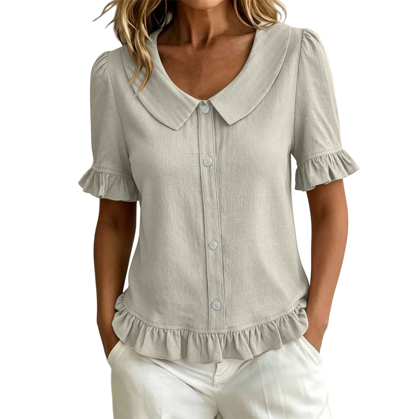 Ashirexll Summer Tops for Women Collared Blouse Short Sleeve Ruffle Hem ...