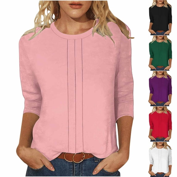 Ashirexll Summer Tops for Women, Fashion Casual Loose Round Neck 3/4 Sleeve Solid Color T Shirts for Spring Summer