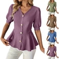 thumbnail image 1 of Ashirexll Summer Tops for Women, Fashion Casual Solid Color V-Neck Buttoned Short Sleeve Top, 1 of 7