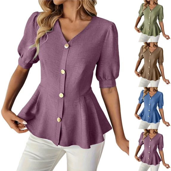 Ashirexll Summer Tops for Women, Fashion Casual Solid Color V-Neck Buttoned Short Sleeve Top