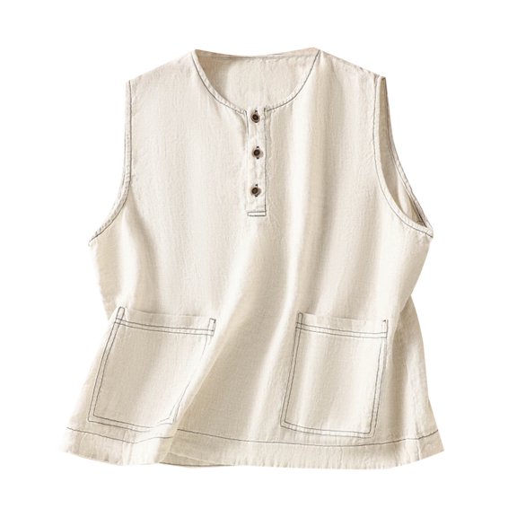 Ashirexll Summer Tops for Women, Sleeveless Tops for Women, Casual Fashion Solid Color Buttoned Round Neck Shirt Tank