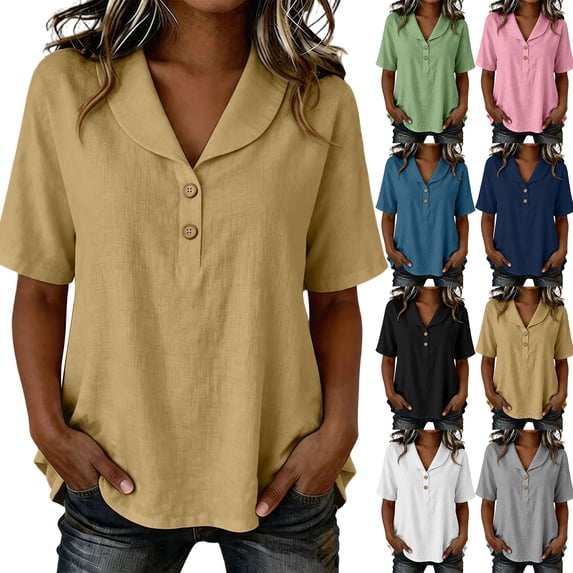Ashirexll Summer Tops for Women Solid Color Short Sleeve V-Neck Casual ...