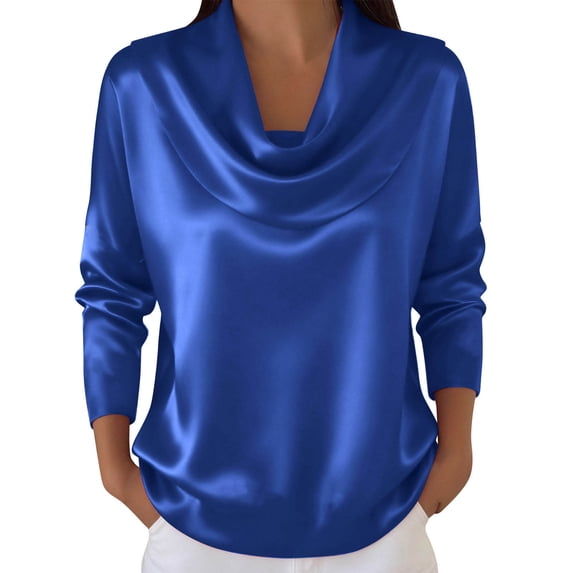 Ashirexll Summer Tops for Women, Solid Color Temperament Swinging Pleated Collar Satin Long Sleeve Shirts