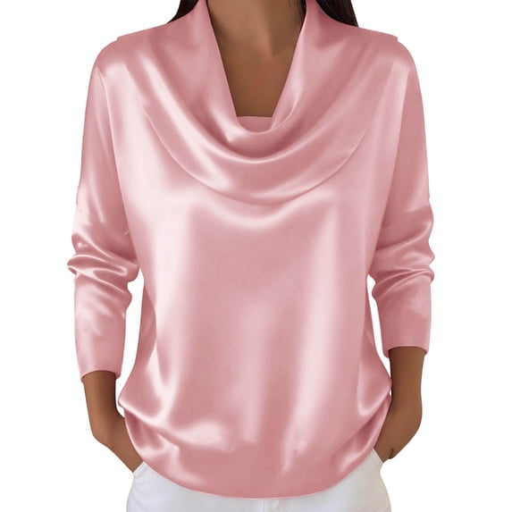 Ashirexll Summer Tops for Women, Solid Color Temperament Swinging Pleated Collar Satin Long Sleeve Shirts