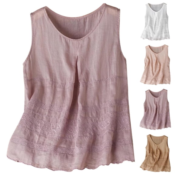 Ashirexll Summer Tops for Women, Tank Tops for Women, Summer Sleeveless Outer Inner Wear with Linen Embroidery Round Neck Tank