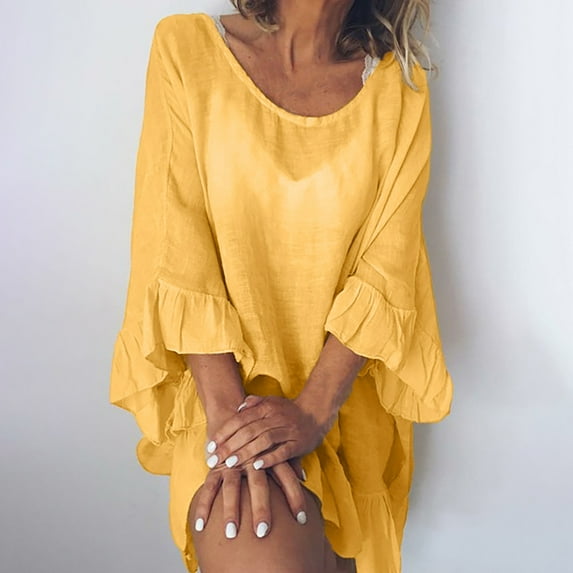 Ashirexll Sundresses for Women Dressy Soild Ruffle Butterfly Sleeves Falbala Midi Dress Yellow XXL