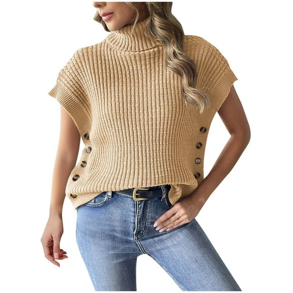 Ashirexll Sweaters for Women Trendy, Pullover Sweaters for Women, Sweaters for Women Casual High Neck Sleeveless Pullover Sweater Tank Top With Button Detail