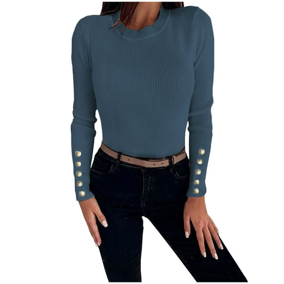 Ashirexll Sweaters for Women Casual Fittness Slim Comfortable Solid Long Sleeve Button Base Knitted Pullover Sweater Blue L