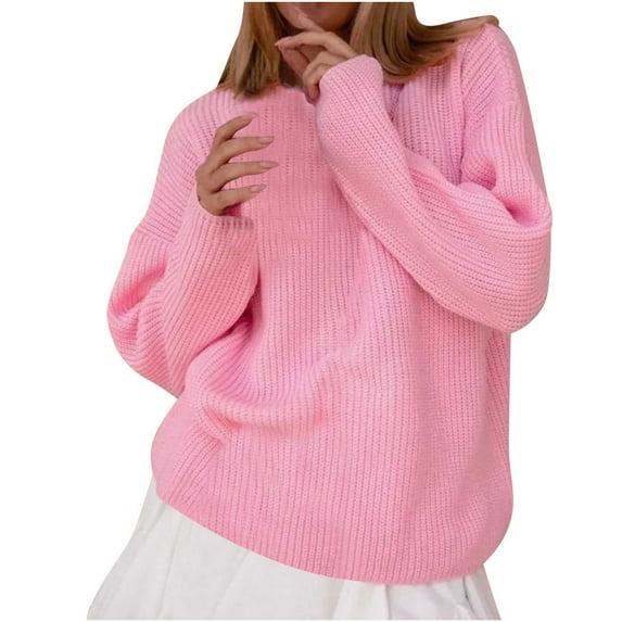 Ashirexll Sweaters for Women Fall Winter Soft Long Sleeve Loose Solid Color Round Neck Versatile Pullover Knitted Sweater Pink L