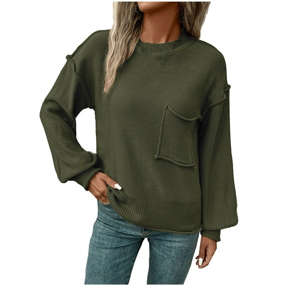 Ashirexll Sweaters for Women Pullover Casual Loose Long Sleeve Round Neck Solid Color Knitted Lantern Sleeve Sweater Tops Army Green M