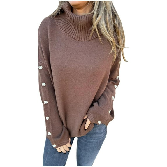 Ashirexll Sweaters for Women Trendy Pullover Sweaters Womens Solid Color Knitted Blouse Button Long Sleeve Turtleneck Sweater Fashion Tops