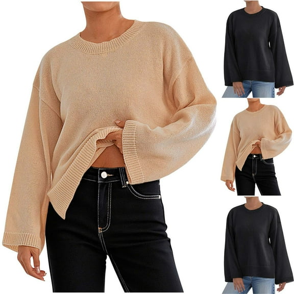Ashirexll Sweaters for Women Trendy, Pullover Sweaters for Women, Women's Casual Comfort Solid Color Round Neck Bell Sleeve Long Sleeve Top