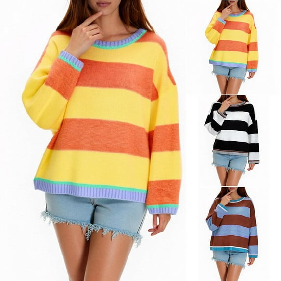 Ashirexll Sweaters for Women Trendy, Pullover Sweaters for Women, Women's Fashion Casual Round Neck Striped Knit Sweater Top
