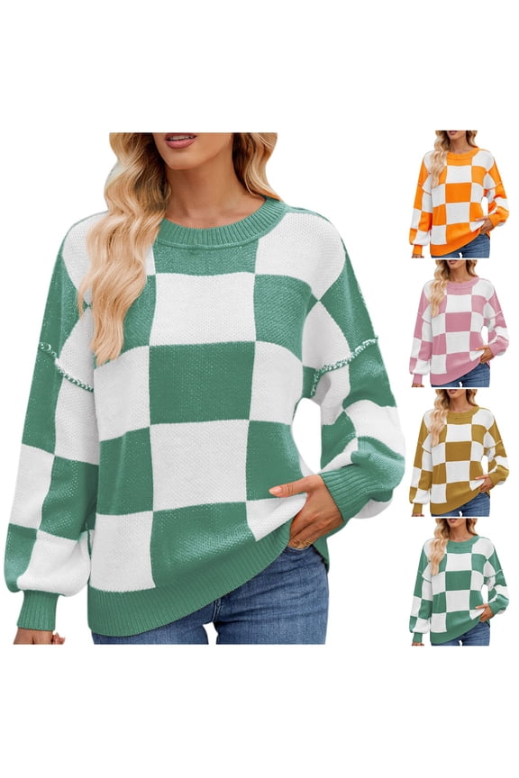 Sweaters for Women Trendy, Pullover Sweaters for Women, Women's Fashion Fall Winter Casual Round Neck Plaid Color Block Pullover