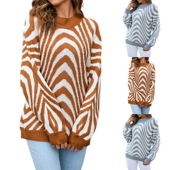Ashirexll Sweaters for Women Trendy, Pullover Sweaters for Women, Women's Round Neck Striped Long Sleeve Knit Sweater Pullover