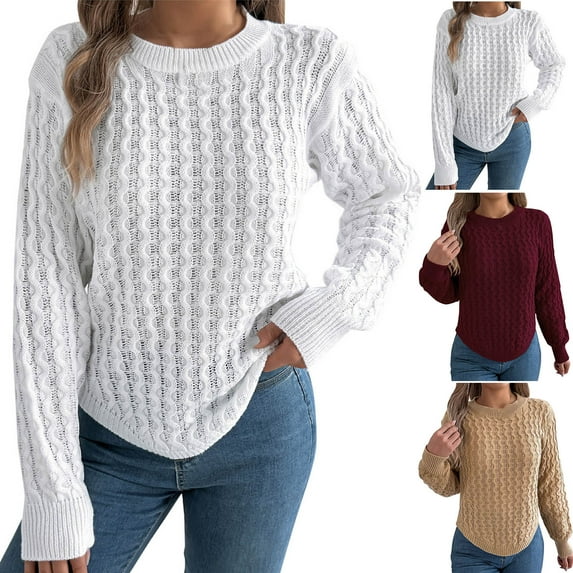 Ashirexll Sweaters for Women Trendy, Pullover Sweaters for Women, Women's Solid Color Long Sleeve Round Neck Pullover Knit Sweater Basic Top