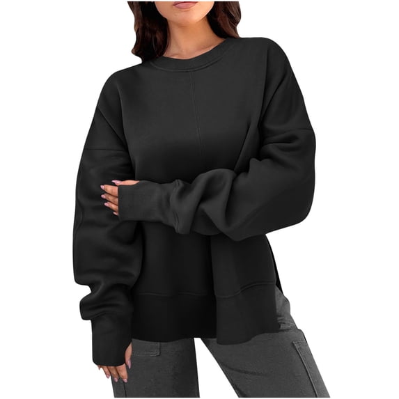 Ashirexll Sweatshirt for Women Fall Long Sleeve Pullover Solid Color Casual Loose Round Neck Sweatshirt Black L