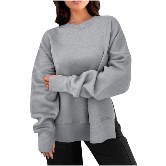 Ashirexll Sweatshirt for Women Fall Long Sleeve Pullover Solid Color Casual Loose Round Neck Sweatshirt White L