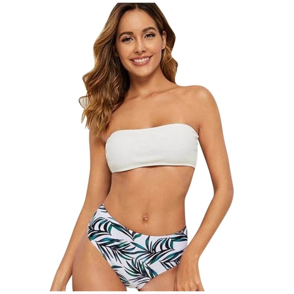 Ashirexll Swim Suits for Women 2024, Womens Bathing Suits, Fashion Split High Waist Printed Sexy Tube Bikini Swimsuit Beachwear White L