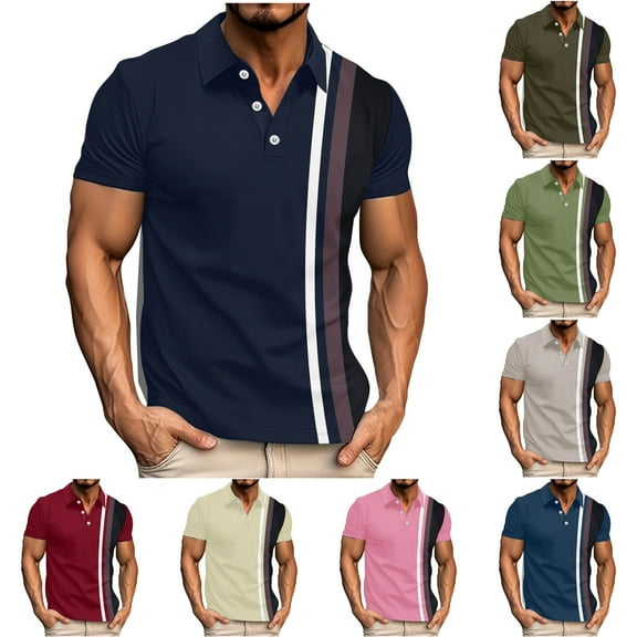 Ashirexll T Shirts for Man, Big and Tall Shirts for Men, Fashion Color Matching Striped Printed Shirts Turndown Collar Button T-Shirts