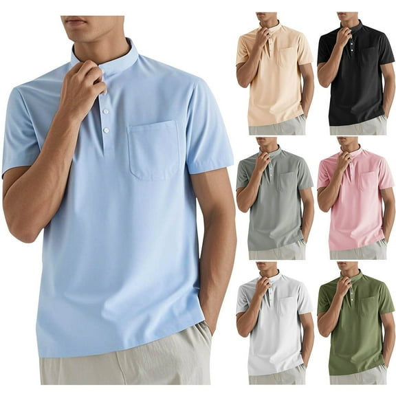 Ashirexll T Shirts for Man, Big and Tall Shirts for Men, Solid Color Casual Button Pocket Standing Collar Short Sleeve T-Shirts