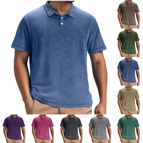 Ashirexll T Shirts for Man, Big and Tall Shirts for Men, Summer Casual Retro Shirts Solid Color Classic Turndown Collar T-Shirts