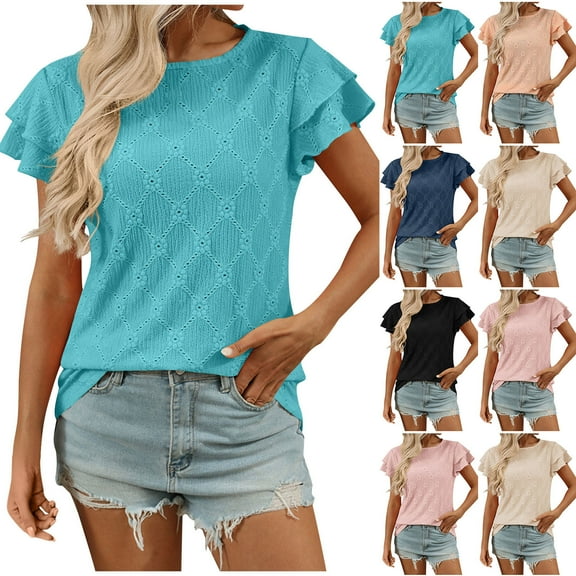 Ashirexll T Shirts for Women Summer Tops Women's Fashion Summer Solid Color Round-Neck Short Sleeve Blouses