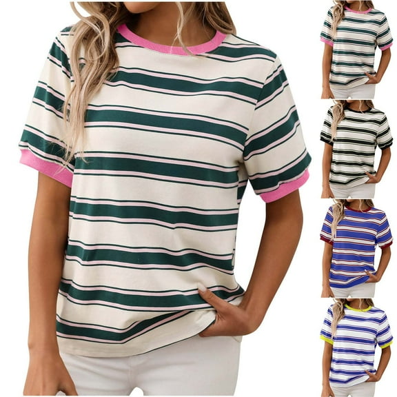 Ashirexll T Shirts for Women Summer Tops Women's Loose Casual Striped Contrasting Color Pullover Round Neck Short Sleeve Top