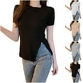 thumbnail image 1 of Ashirexll T Shirts for Women, Summer Tops for Women, A Solid-color Round-neck Side-slit Hugh Top T-shirt for Women, 1 of 3