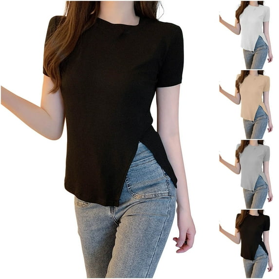 Ashirexll T Shirts for Women, Summer Tops for Women, A Solid-color Round-neck Side-slit Hugh Top T-shirt for Women