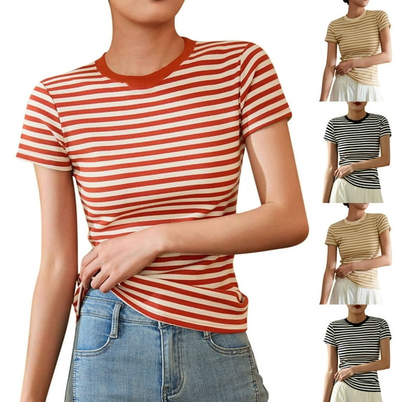Ashirexll T Shirts for Women, Summer Tops for Women, Women's Striped T-shirt Loose and Versatile Top