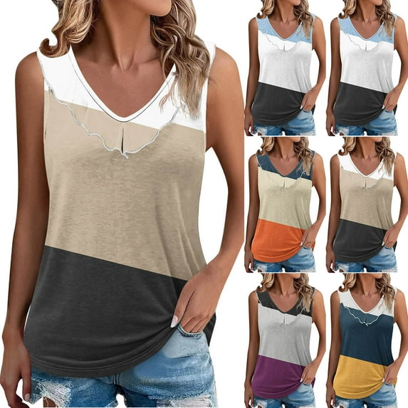 Ashirexll Tank Tops for Women, Sleeveless Tops for Women, Spring Summer Striped Casual Ruffle Collar Round Neck Tank