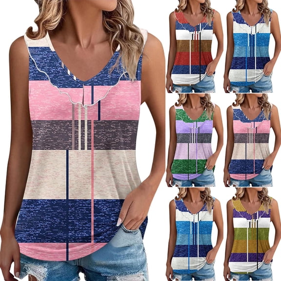 Ashirexll Tank Tops for Women, Sleeveless Tops for Women, Spring Summer Striped Casual Ruffle Collar Round Neck Tank