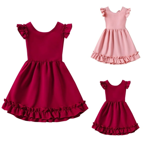 Ashirexll Teen Summer Dresses, Girls Summer Dress, 2-10Y Girls' Summer Fashion Ruffle Sleeve Round Neck Dress for Breathable and Casual