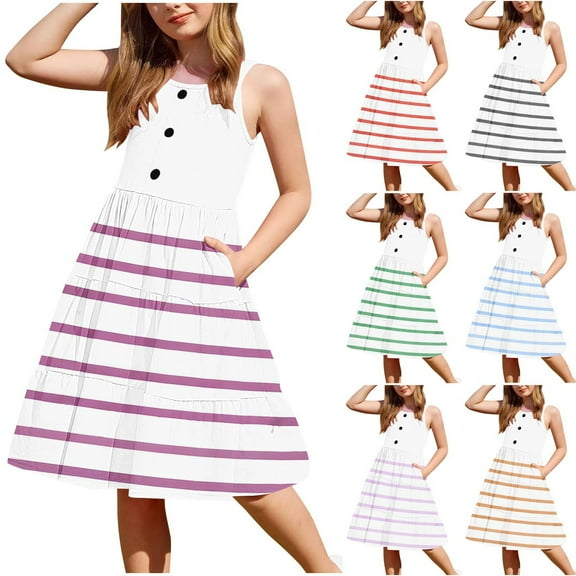 Ashirexll Teen Summer Dresses, Girls Summer Dress, 2-12Y Girls' Sleeveless Round Neck Summer Fashion Casual Button Dresses with Pockets