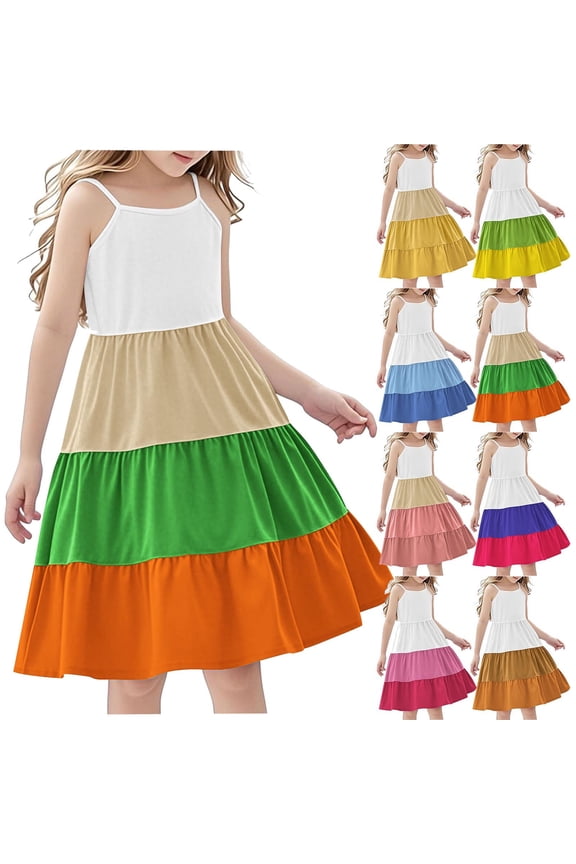 Teen Summer Dresses, Girls Summer Dress, Summer Girl's Sleeveless Boho Style Casual Color Matching Tiered Slip Dresses for 4-14Y