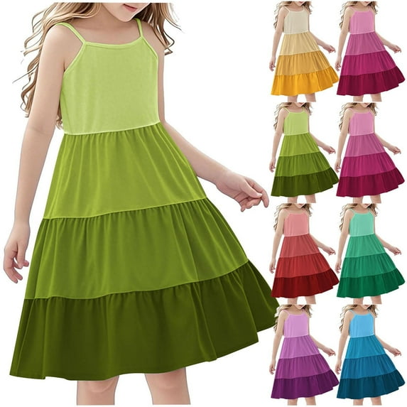 Ashirexll Teen Summer Dresses, Girls Summer Dress, Summer Girl's Sleeveless Boho Style Casual Color Matching Tiered Slip Dresses for 4-14Y