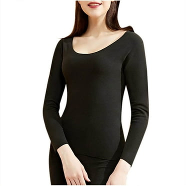 Ashirexll Thermal Shirts for Women Plus Size Casual Pullover Crew Neck High Elasticity Keep Warml Long Sleeve Fleece Lined Base Layer Pajama Black M