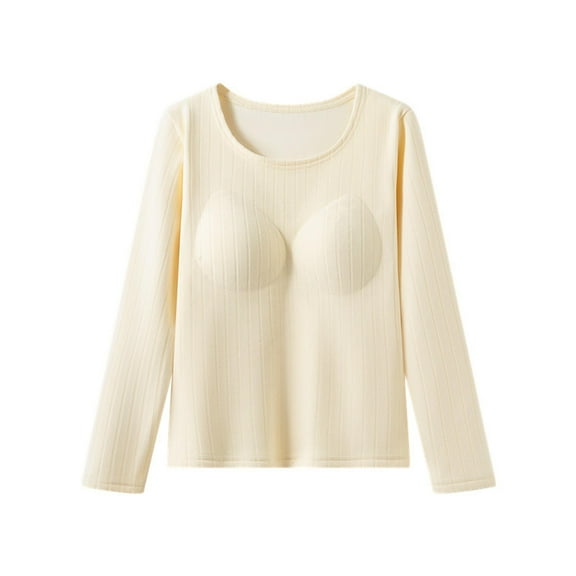 Ashirexll Thermal Tops for Women Fall Winter Solid Color Round Neck Stripe with Thick Velvet and Chest Cushion Base Shirt Cup One Long Sleeved Warm Underwear Top Beige XXL