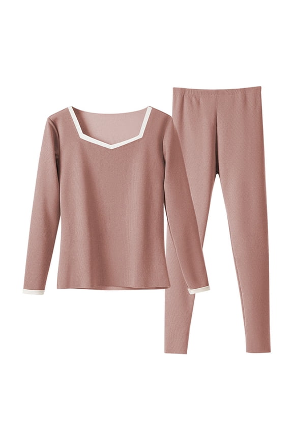 Thermal Underwear for Women Fall and Winter Soft Slim Pants Solid Color Long Sleeve Base Layer Pajama Set Warm Suit Rose Gold L