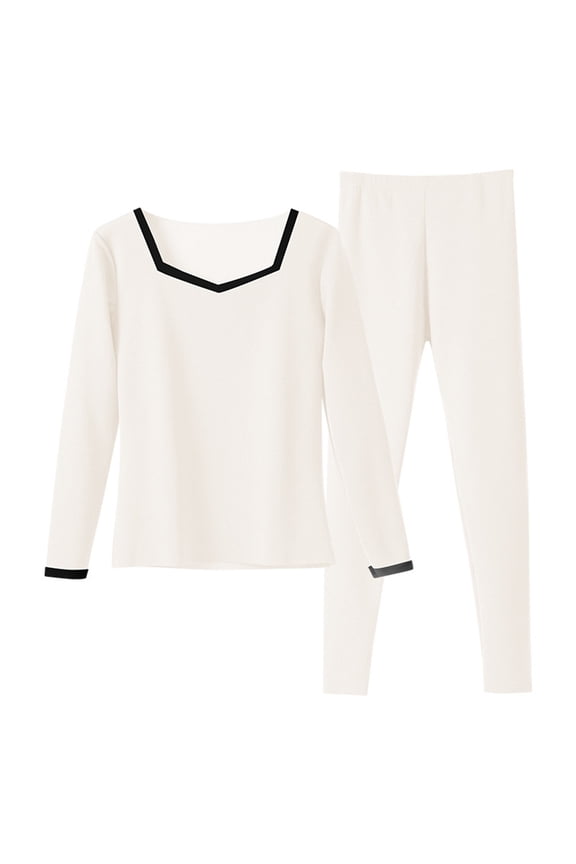 Thermal Underwear for Women Fall and Winter Soft Slim Pants Solid Color Long Sleeve Base Layer Pajama Set Warm Suit White L