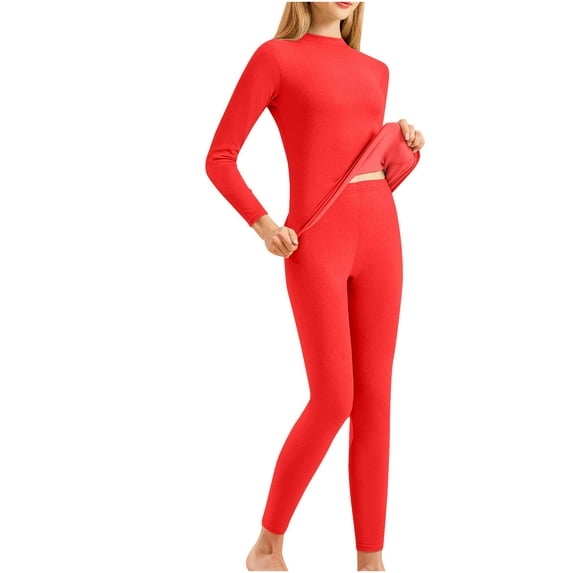 Ashirexll Thermal Underwear for Women Fleece Silk Winter Round Neck Warm and Thick Velvet Home Clothes Base Layer Pajama Set Red XL