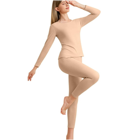 Ashirexll Thermal Underwear for Women Silk Winter Round Neck Warm and Thick Velvet Home Clothes Base Layer Pajama Set Beige XXL