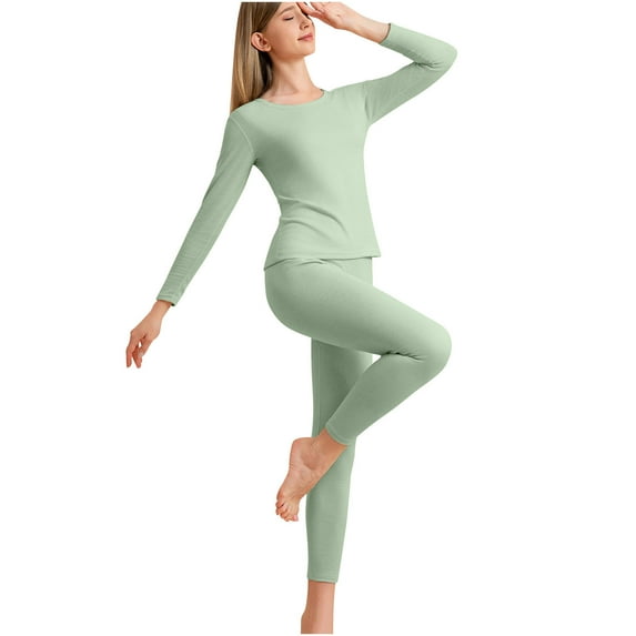 Ashirexll Thermal Underwear for Women Silk Winter Round Neck Warm and Thick Velvet Home Clothes Base Layer Pajama Set Green XXL