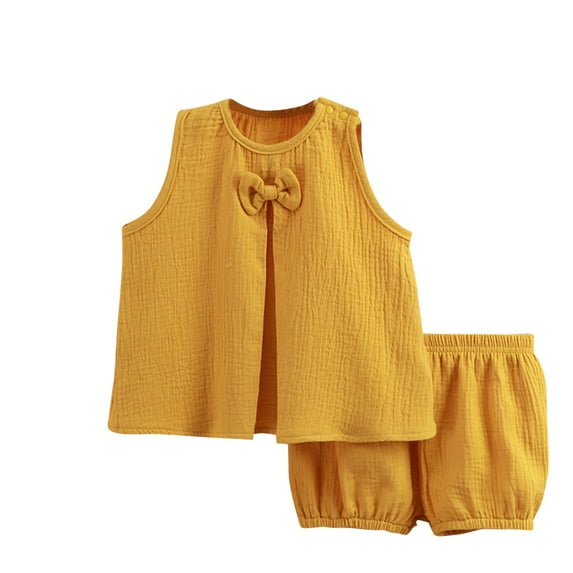 Ashirexll Toddler Outfits for Girls, Kids Clothes Girls, Toddler Girls Solid Color Gauze Double-layer Breathable Two-piece Set Sleeveless Round Neck Top and Shorts Set