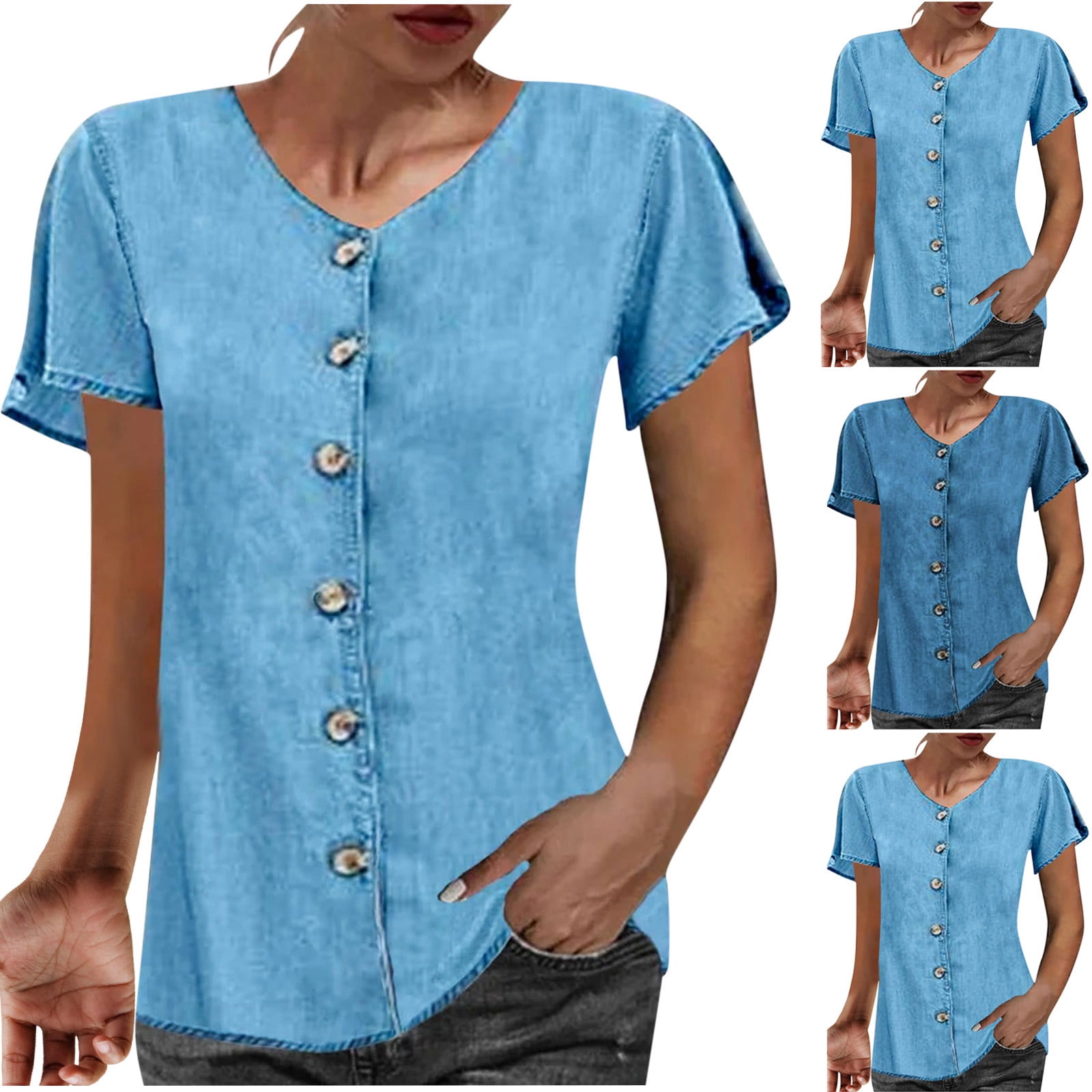 Ashirexll Tops Women Trendy Fashion Print Button Round Neck Slim ...