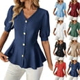 thumbnail image 1 of Ashirexll Tops for Women Trendy Fashion Casual Solid Color V-Neck Buttoned Short Sleeve Top for Spring, 1 of 7
